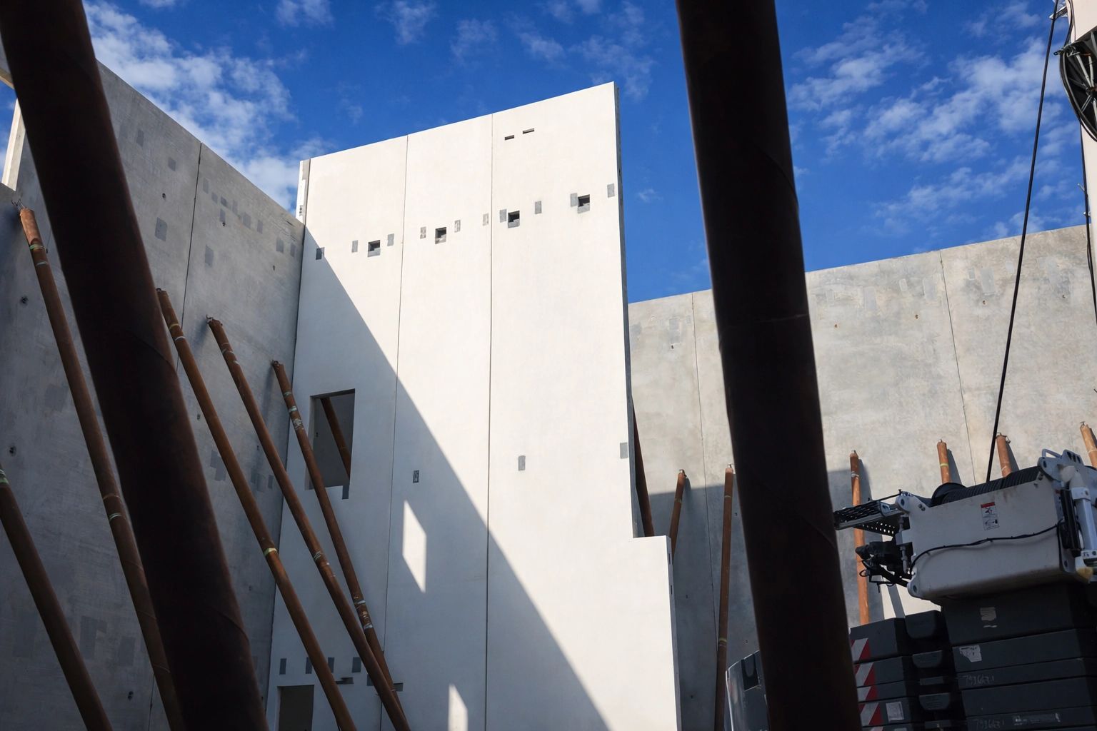 Ground view of tall concrete wall panels supported by temporary braces beside a crane.