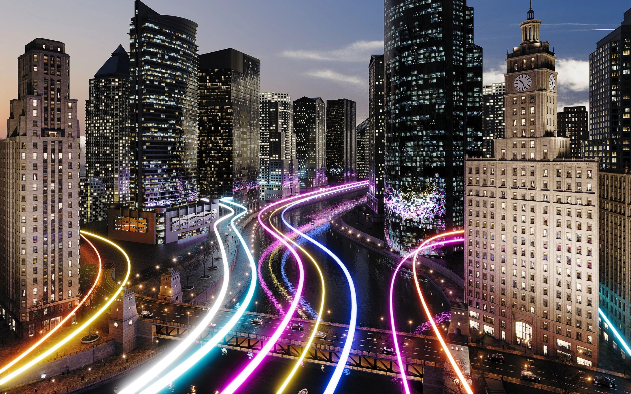 City skyline and river at dusk with colorful light trails weaving between illuminated buildings.